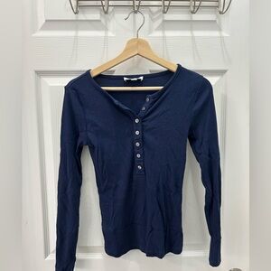 Ann Taylor Navy Ribbed Henley Long-Sleeve Top